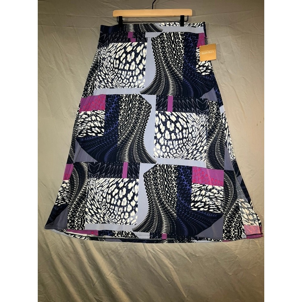 Ellen Tracy Maxi Skirt XL Blue Combo Abstract Animal Print A-Line X7K37674D NEW